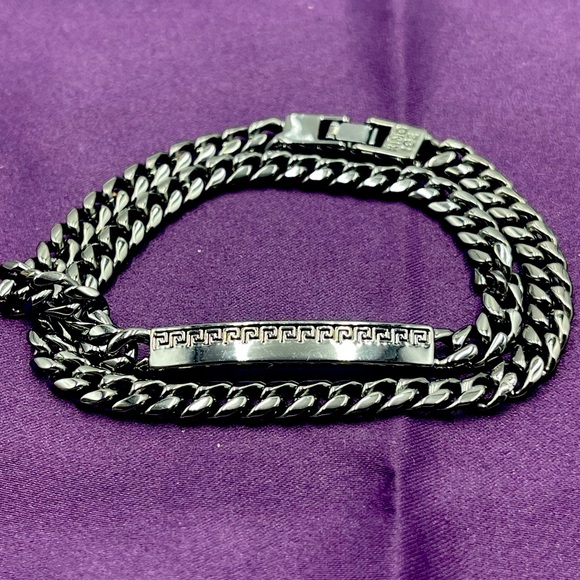 King Ice: Black Stainless Steel Link Wrap Bracelet with Fold Over Clasp Closure - Picture 2 of 14